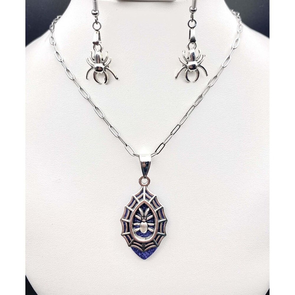 Spider Web & Spider Necklace Earrings Set Blue Silver Tone Halloween Jewelry